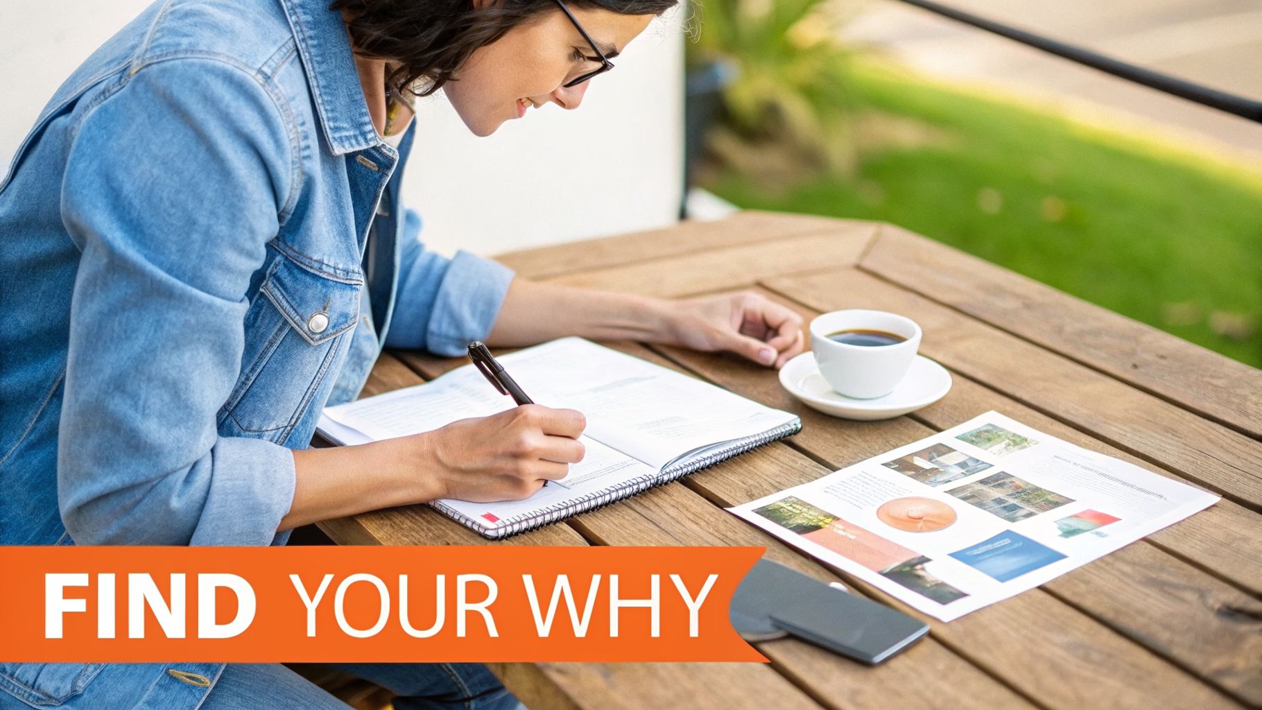 A woman in glasses writes in a notebook on a wooden table with coffee and documents, planning strategies.