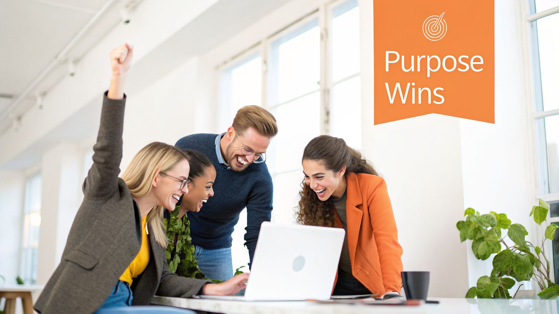 Diverse team celebrates achievement in a modern office with a 'Purpose Wins' banner.