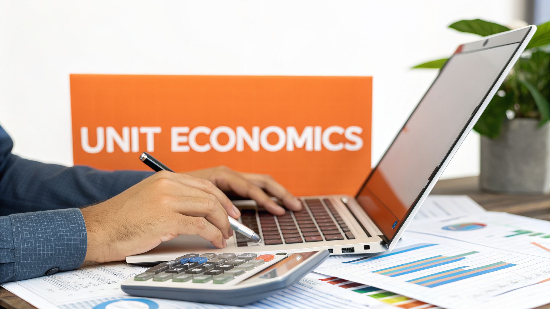 A person calculates unit economics using a laptop and calculator, with charts on a desk.