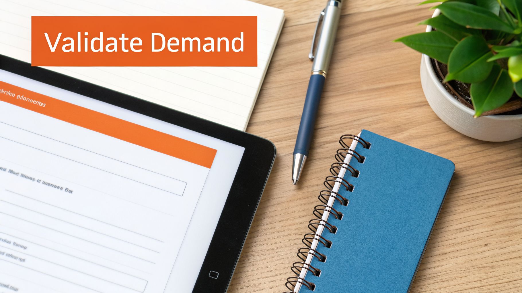 A top-down view of a desk with a tablet displaying 'Validate Demand' on an orange banner, a pen, a notebook, and a small plant.