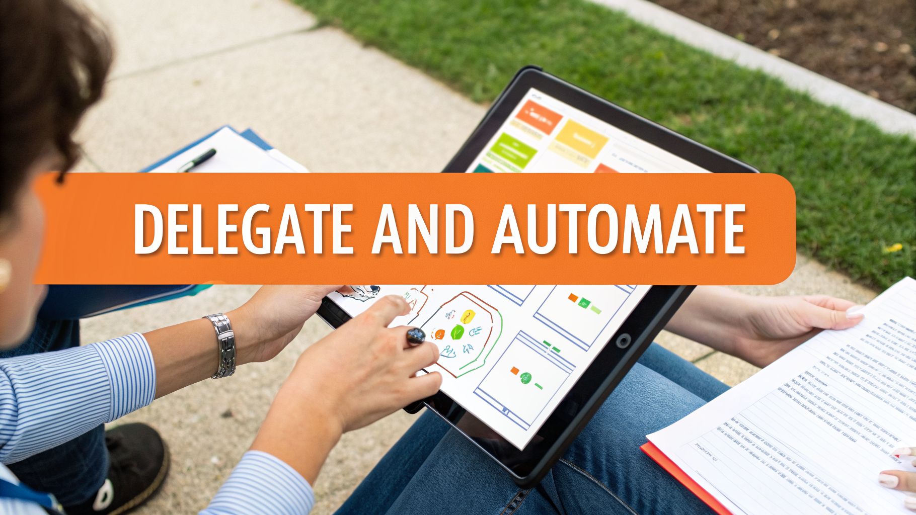 Two people discussing workflow on a tablet with 'DELEGATE AND AUTOMATE' text overlay.