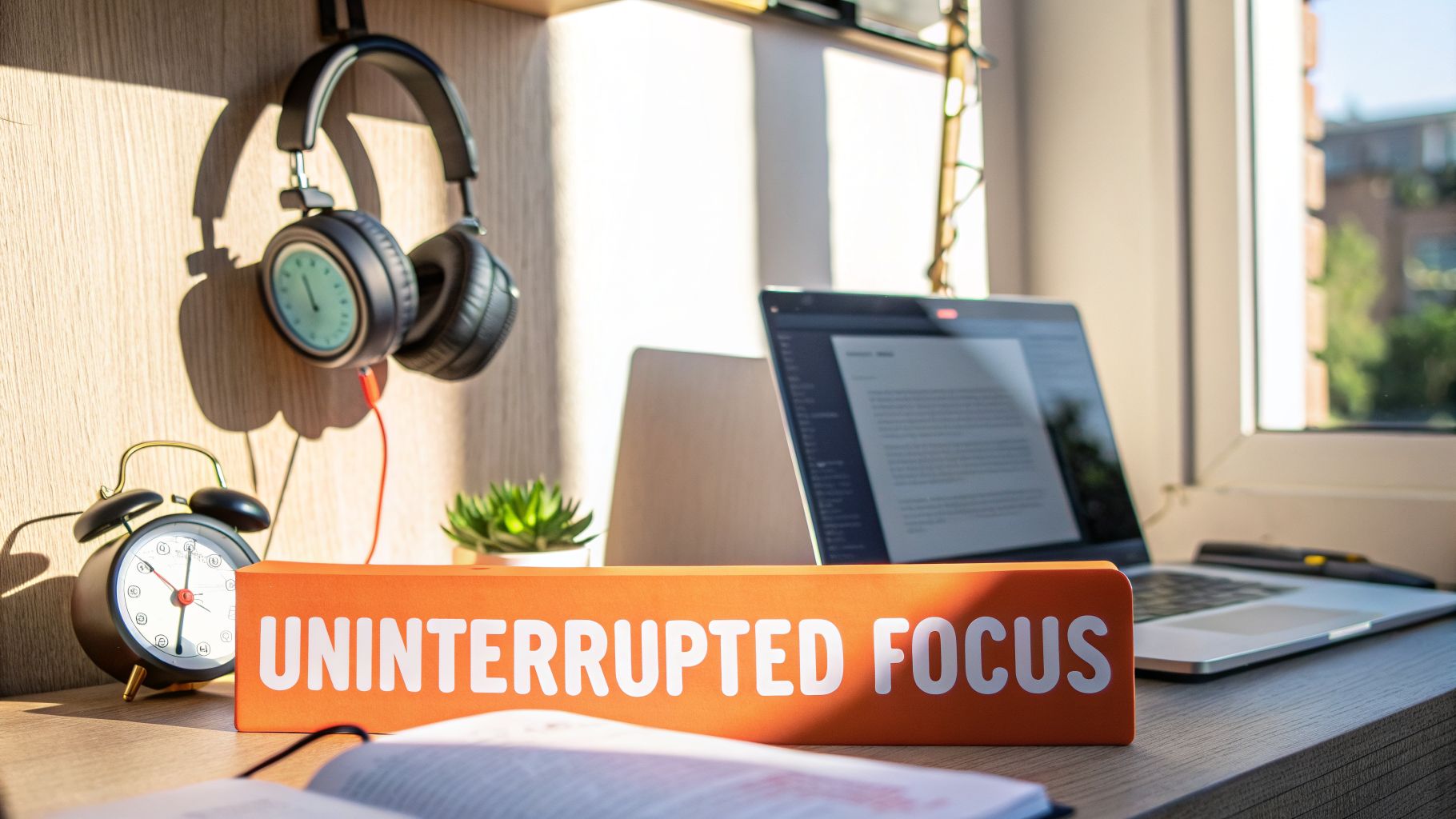 A focused desk setup with a laptop, headphones, alarm clock, and an orange "UNINTERRUPTED FOCUS" block.