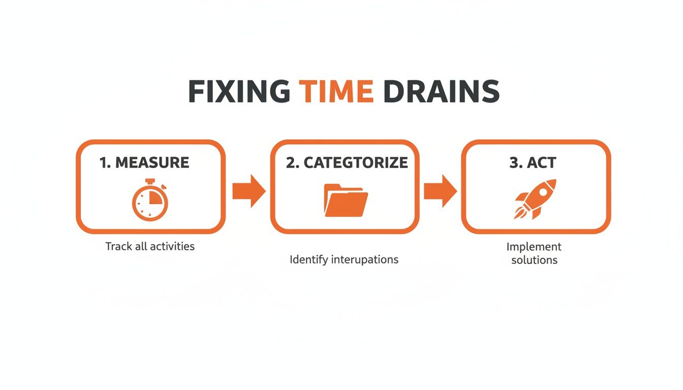 Infographic showing a 3-step process to fix time drains: Measure, Categorize, Act.
