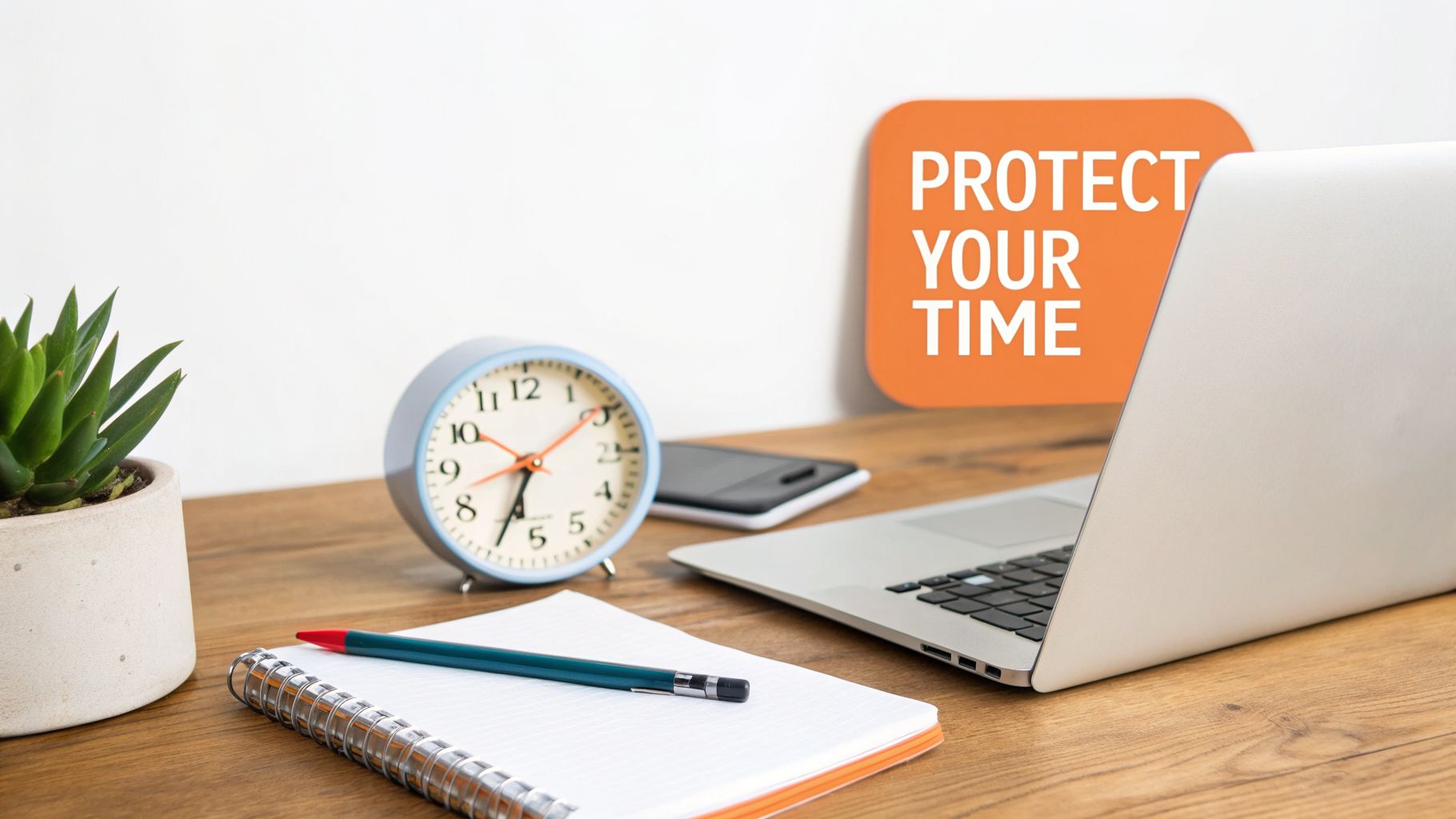 A tidy desk setup with a laptop, alarm clock, succulent, and a sign saying 'Protect Your Time'.