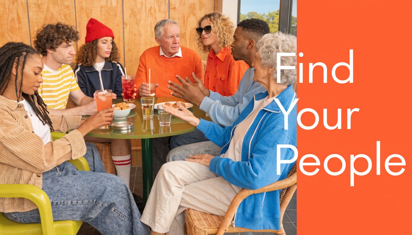 A diverse group of multi-generational people socializing and laughing together around a table in a bright room.