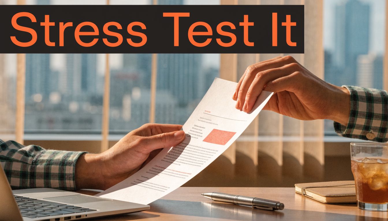 Two people exchanging a professional document in an office setting with a laptop and drink.