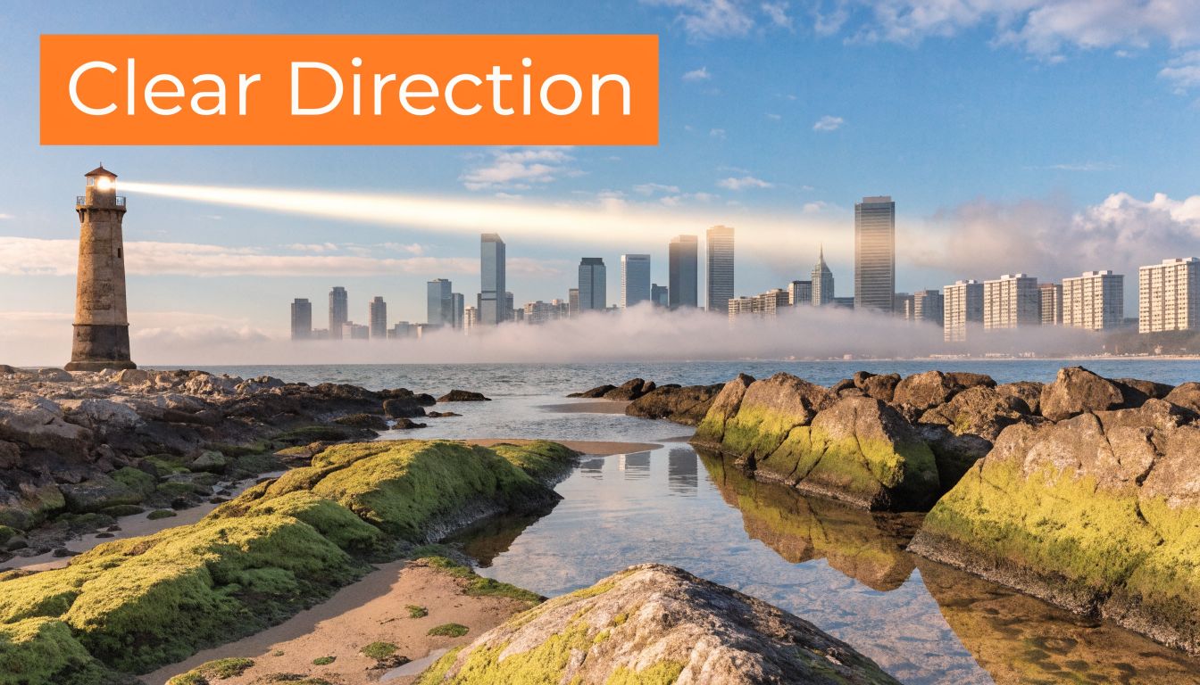 A lighthouse shining a bright beam of light toward a misty city skyline across the water.