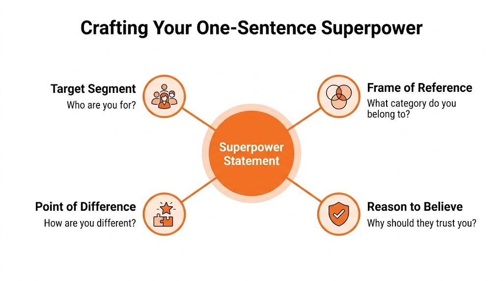 A diagram illustrating the four key components needed to craft a strong, effective professional superpower statement.
