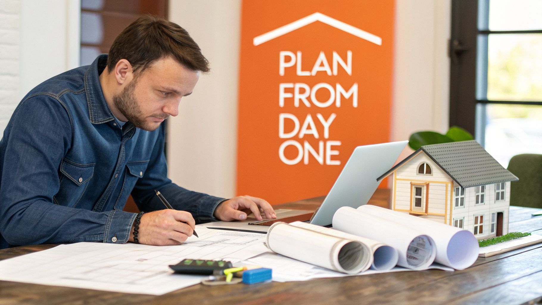 A male architect works on house plans, drawing on blueprints with a laptop and a model home.