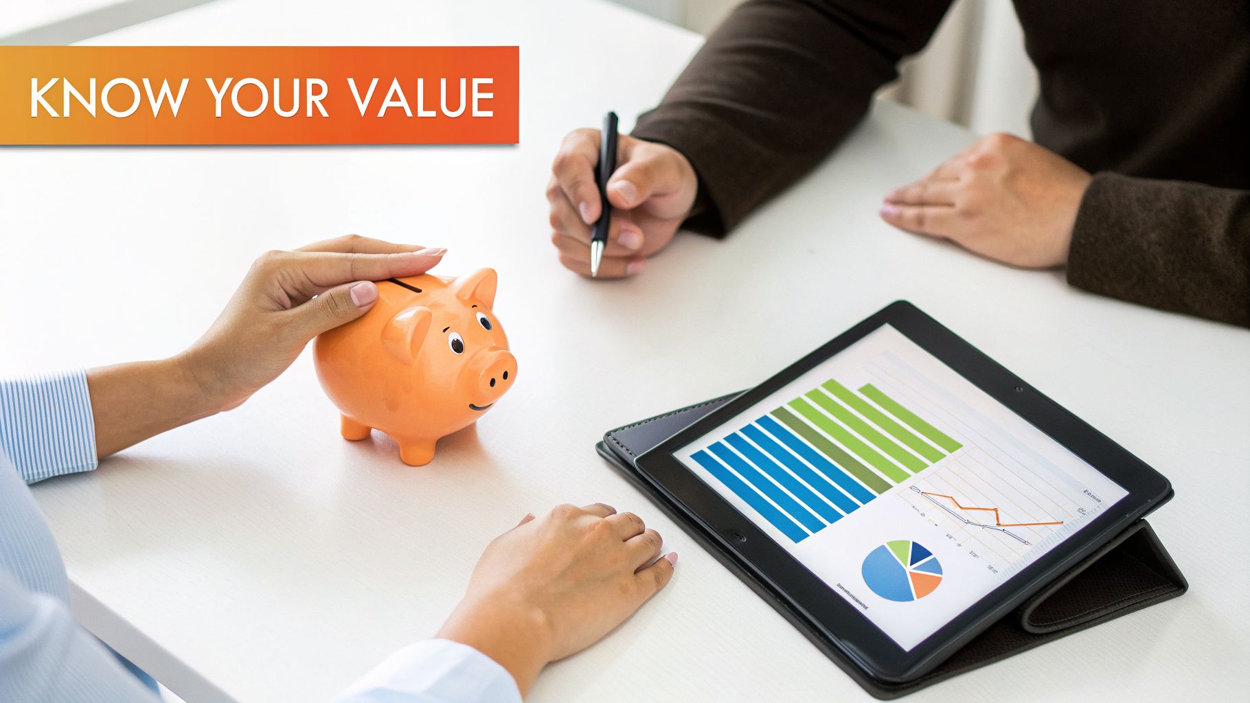 Two people discussing financial planning with a piggy bank and a tablet displaying charts.