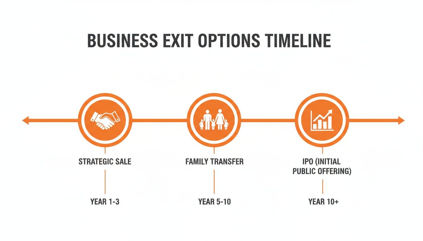 Timeline illustrating business exit options: Strategic Sale, Family Transfer, and IPO, with associated timeframes.