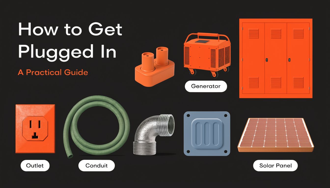 A diagram displaying various electrical power components like a generator, solar panel, and outlet on a black background.