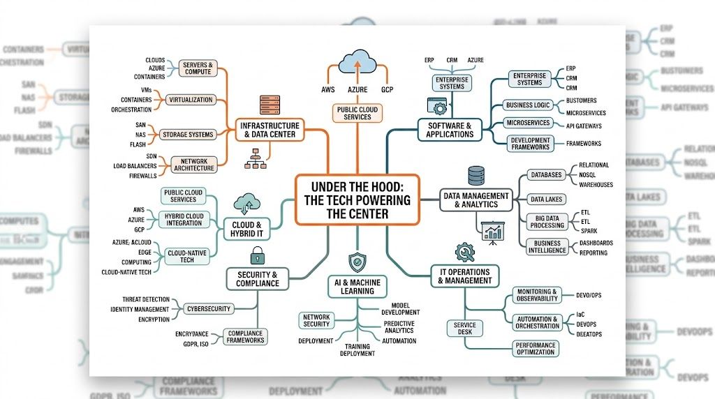 A comprehensive mind map diagram detailing the various technical components that power modern data center infrastructure.