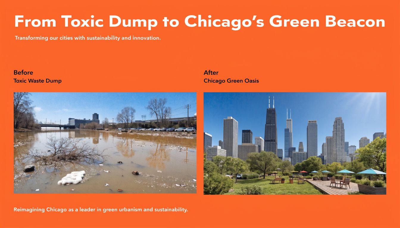 A split image contrasting a polluted Chicago waste site with its transformation into a lush green park.