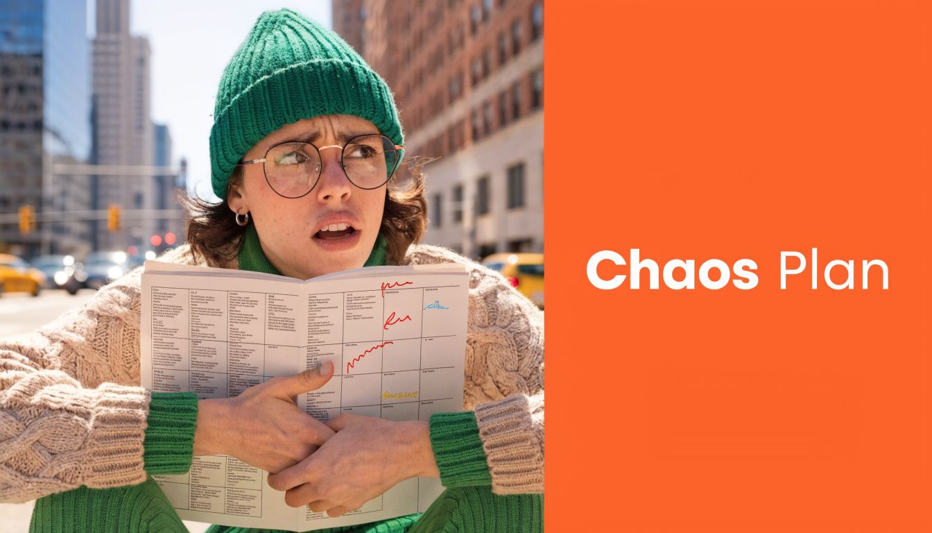 A confused person wearing a green beanie holds an open schedule document amidst a city street background.