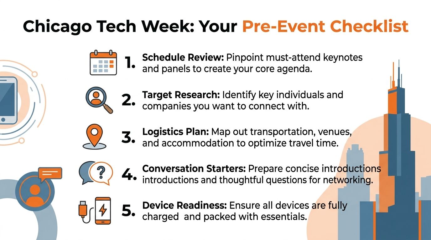 A checklist infographic titled Chicago Tech Week outlining five essential steps for event preparation and networking.