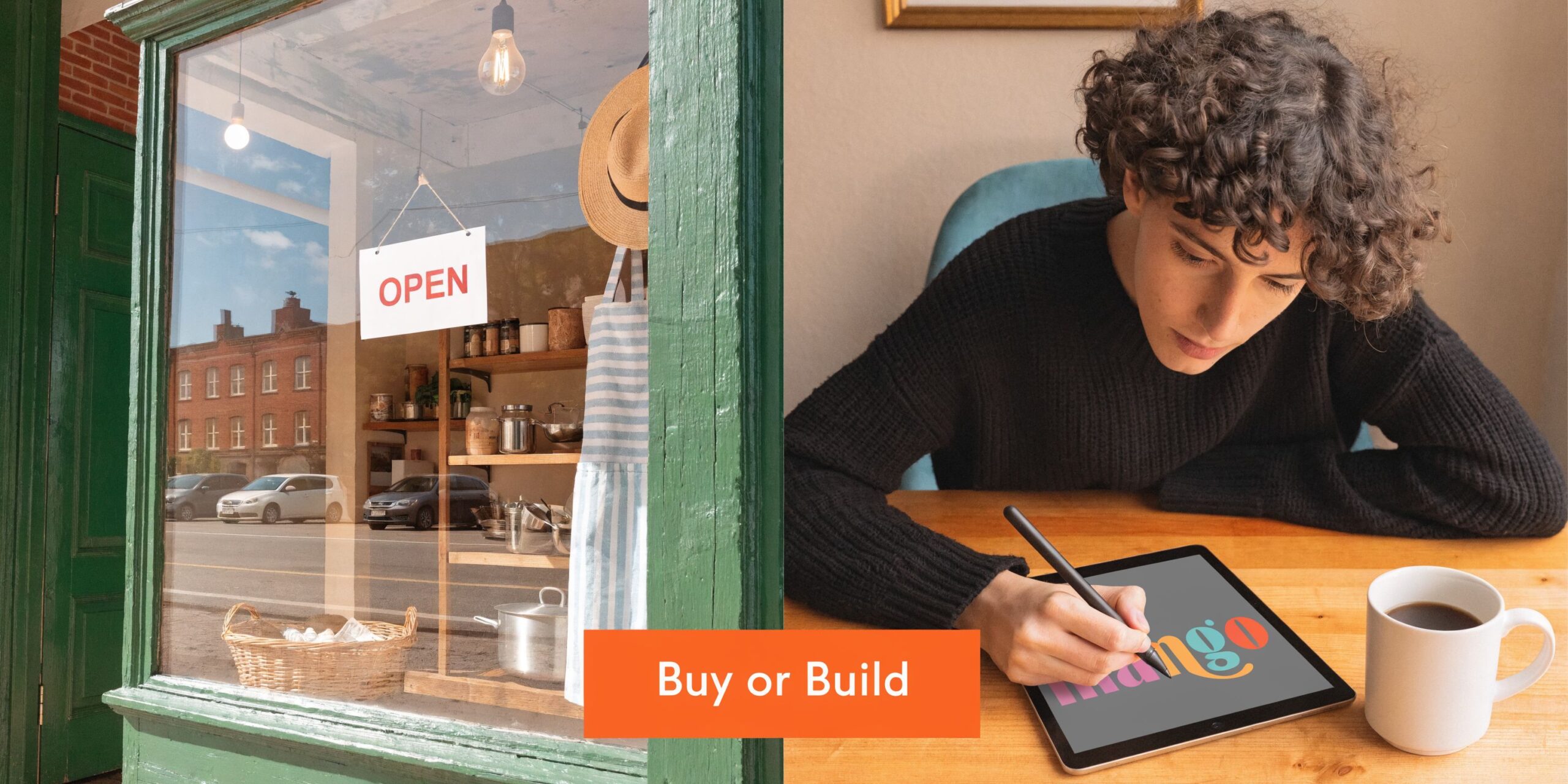 A split screen showing a storefront window labeled Open and a designer drawing on a digital tablet.