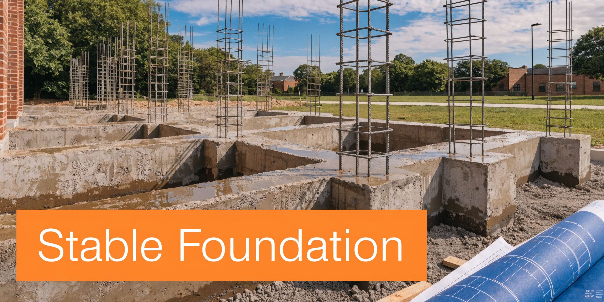 Concrete foundation work on a construction site with rebar columns and blue architectural blueprints in foreground.