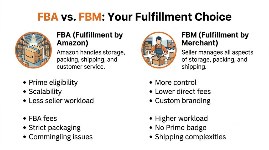 A comparison chart outlining the pros and cons of Amazon FBA versus FBM fulfillment methods.