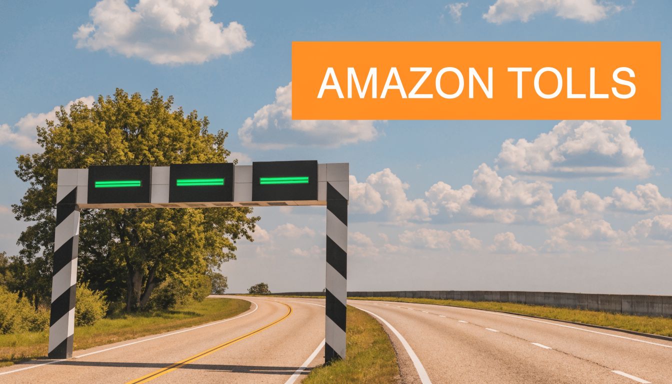 A toll gantry structure over an open road under a bright blue sky with clouds.