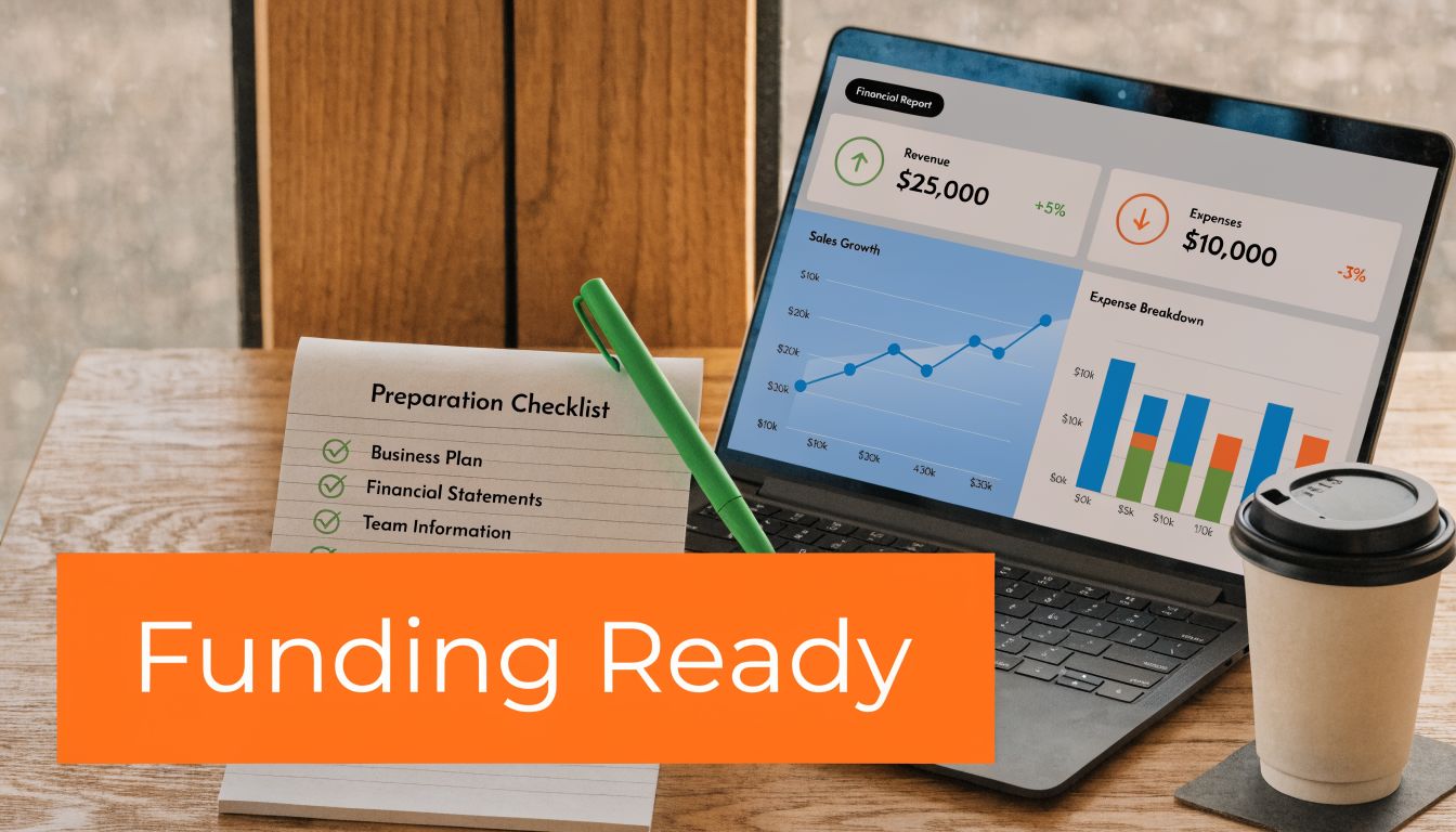 A laptop showing financial growth charts next to a preparation checklist and coffee on a desk.