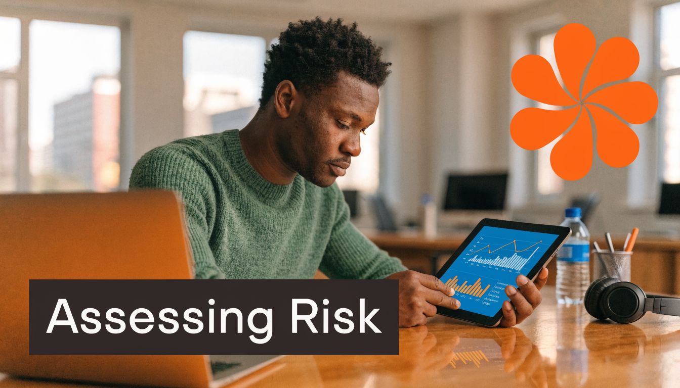 A man in a green sweater analyzing financial charts and data on a tablet in an office.