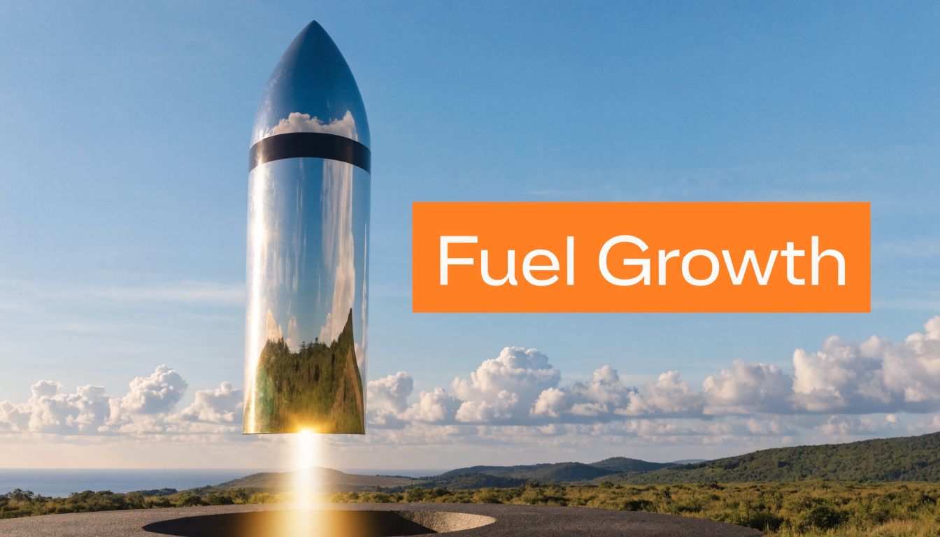 A silver rocket ship launching from a pad with the orange text Fuel Growth overlaid.