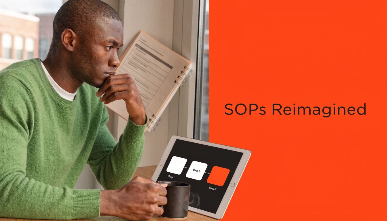 A man in a green sweater holding a mug while looking at an iPad showing process steps.