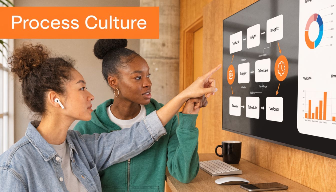 Two young women collaborating in a modern office, reviewing a process flow diagram on a large screen.