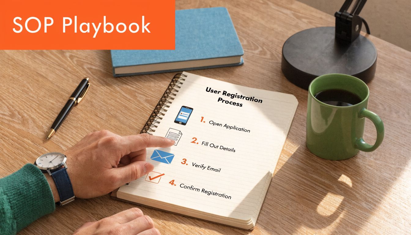 A person pointing at a notebook displaying a four-step user registration process checklist on a wooden desk.