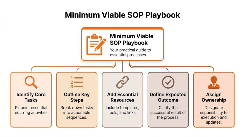 A flowchart diagram illustrating the five key steps for creating a minimum viable standard operating procedure playbook.