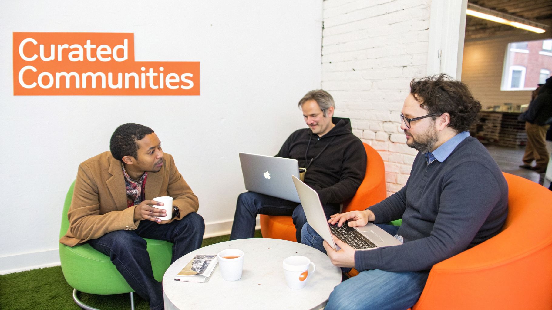 Three diverse men collaborating in a modern office, two on laptops, one conversing, reflecting a curated community.