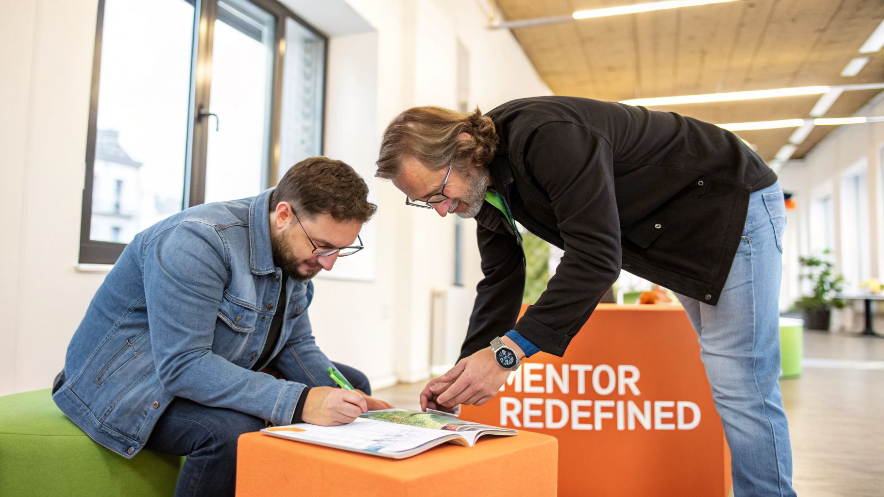 Two men, one writing and one leaning over, engaging in a mentorship discussion over a document.