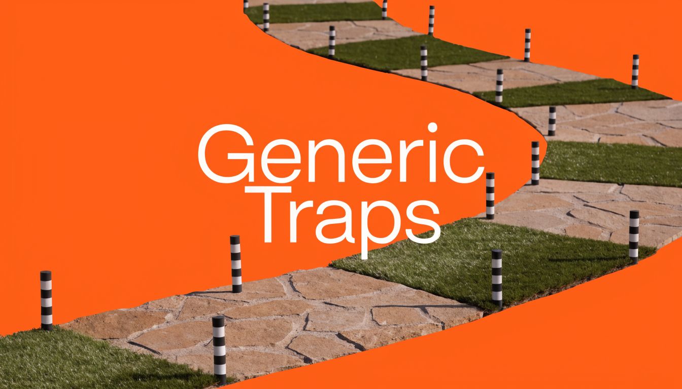 A stone and grass garden path lined with black and white bollards against an orange background.