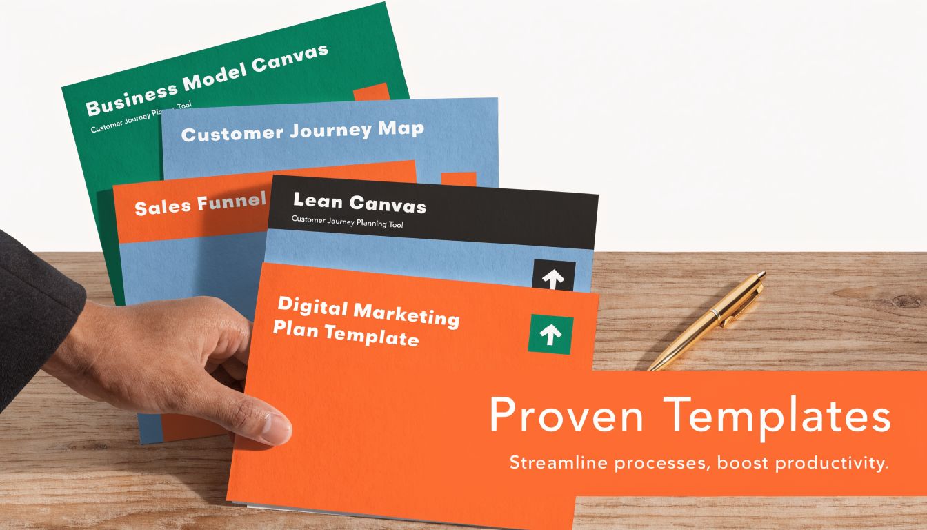 A hand holding a stack of business planning templates on a wooden desk with a gold pen.