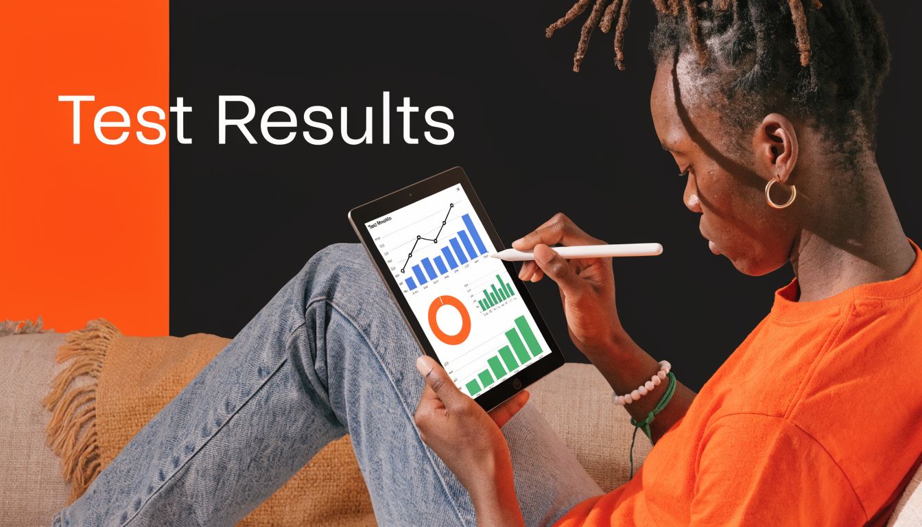 A person with locs sitting on a sofa using a tablet to analyze various charts and data