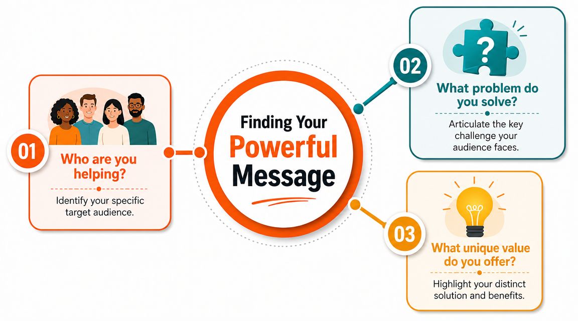 A diagram illustrating how to craft a powerful message for a target audience by identifying three key steps.