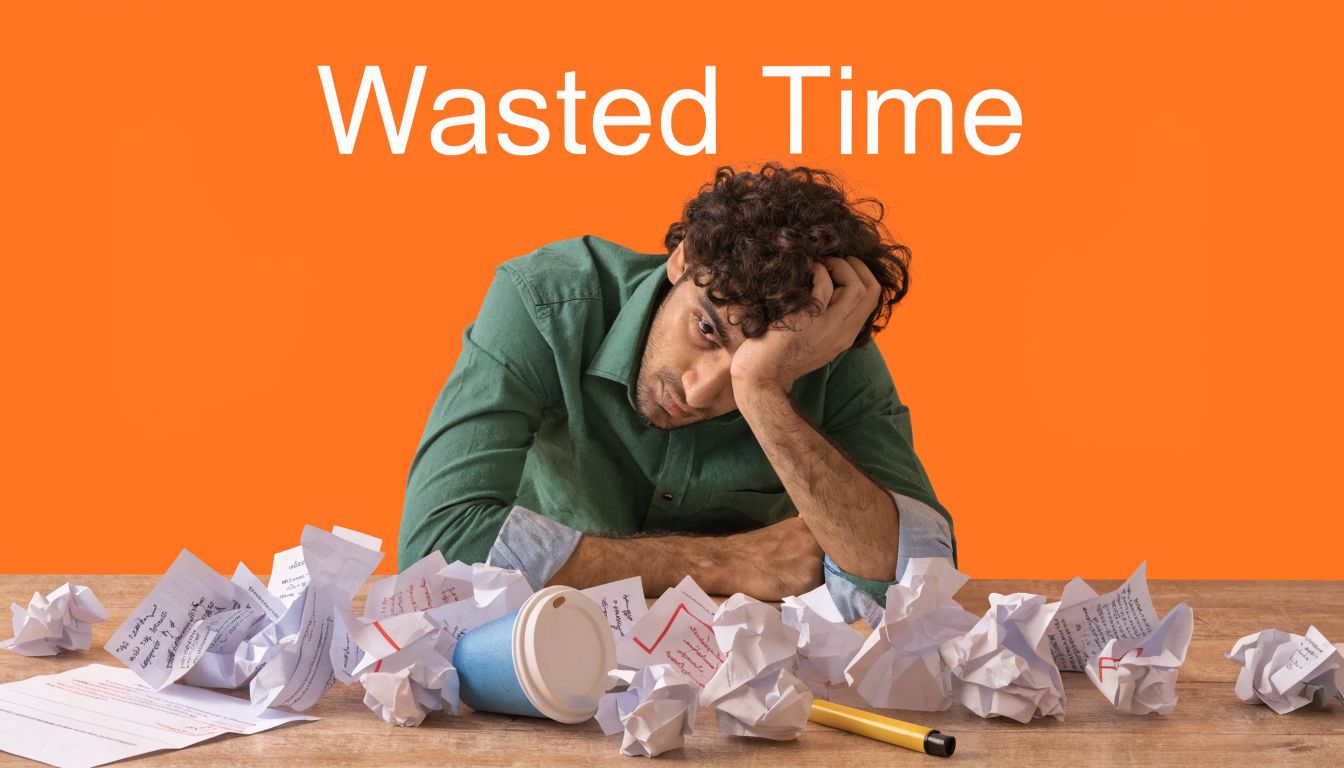 A frustrated man sits at a desk covered with crumpled papers, representing the concept of wasted time.