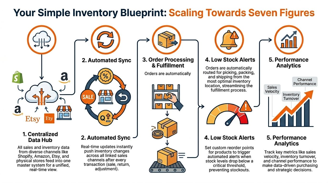 A five-step inventory management flowchart showing how to scale an e-commerce business towards seven figures.