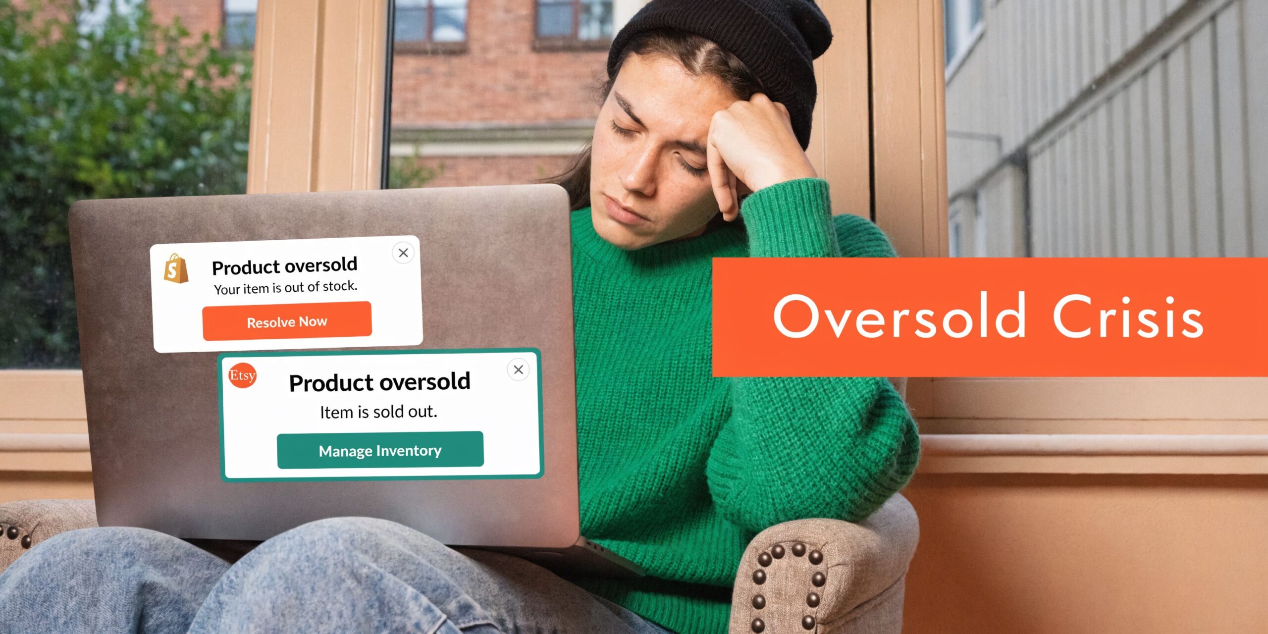 Stressed person looking at their laptop screen displaying oversold product notifications from Shopify and Etsy platforms.