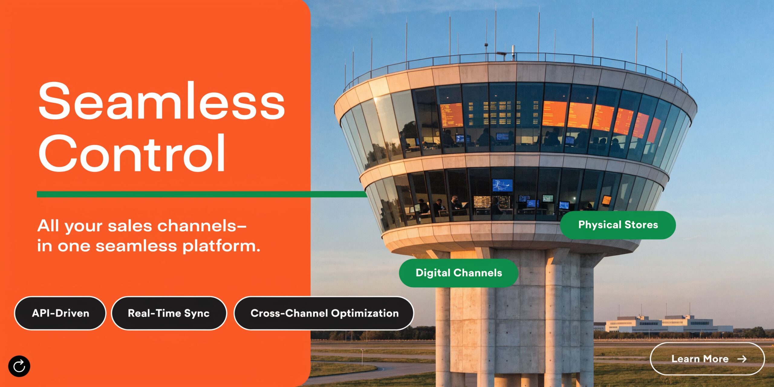 A conceptual graphic displaying seamless control for all sales channels through one integrated platform using an air traffic control theme.