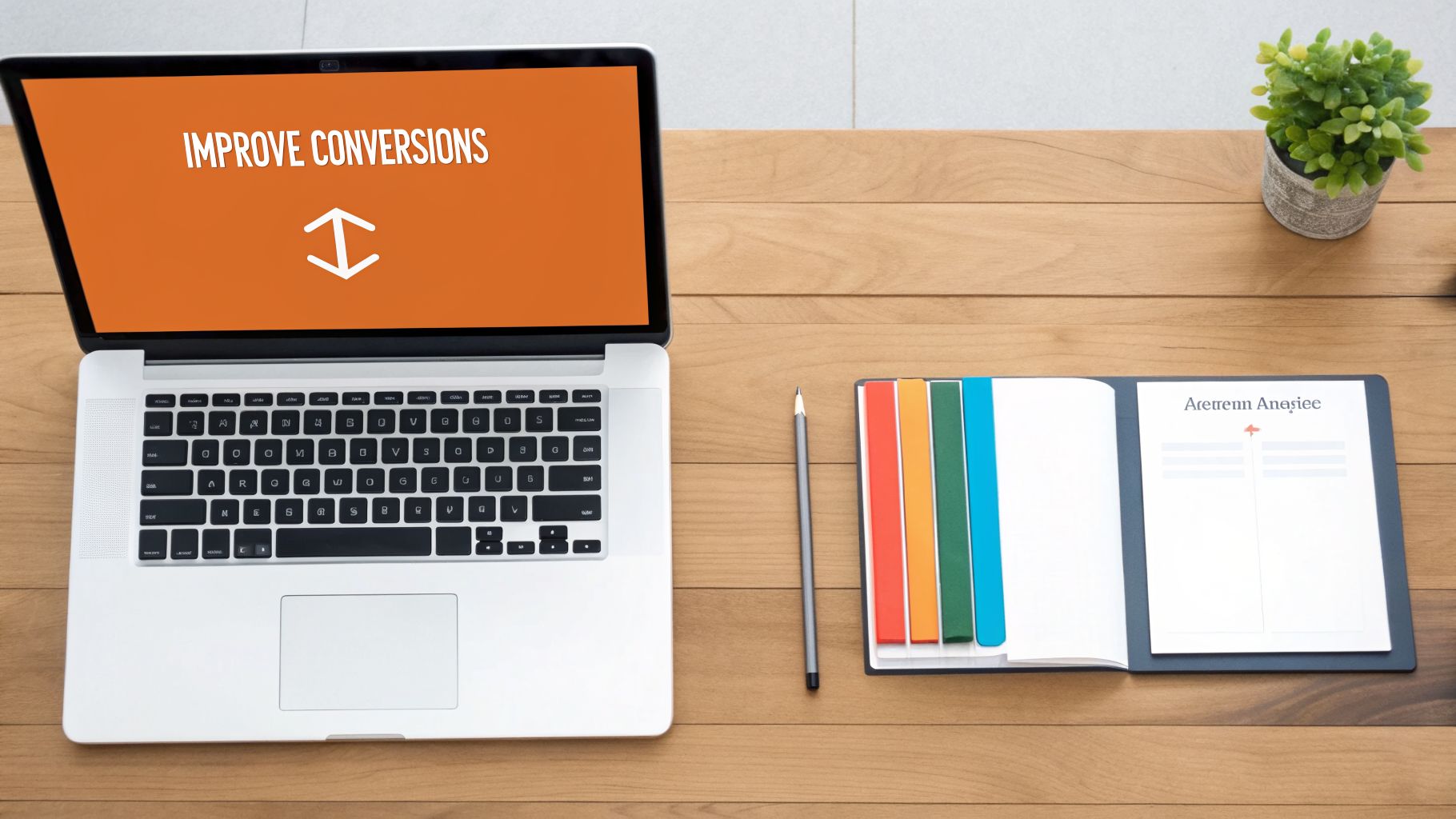 Flat lay of a laptop displaying 'IMPROVE CONVERSIONS' text, a notebook, pencil, and plant on a wooden desk.