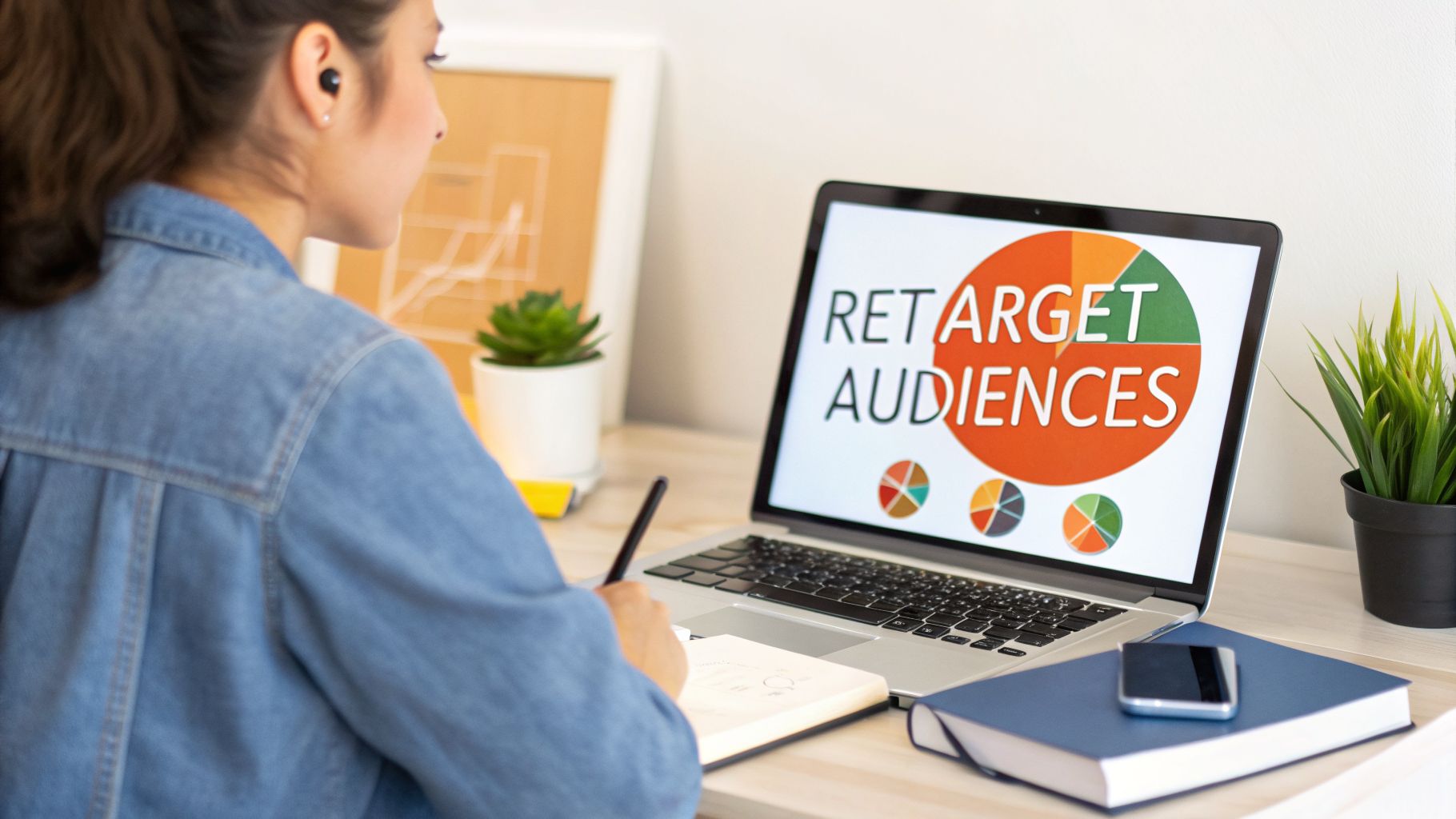 Woman at desk working on laptop showing 'Retarget Audiences' and pie charts, taking notes.