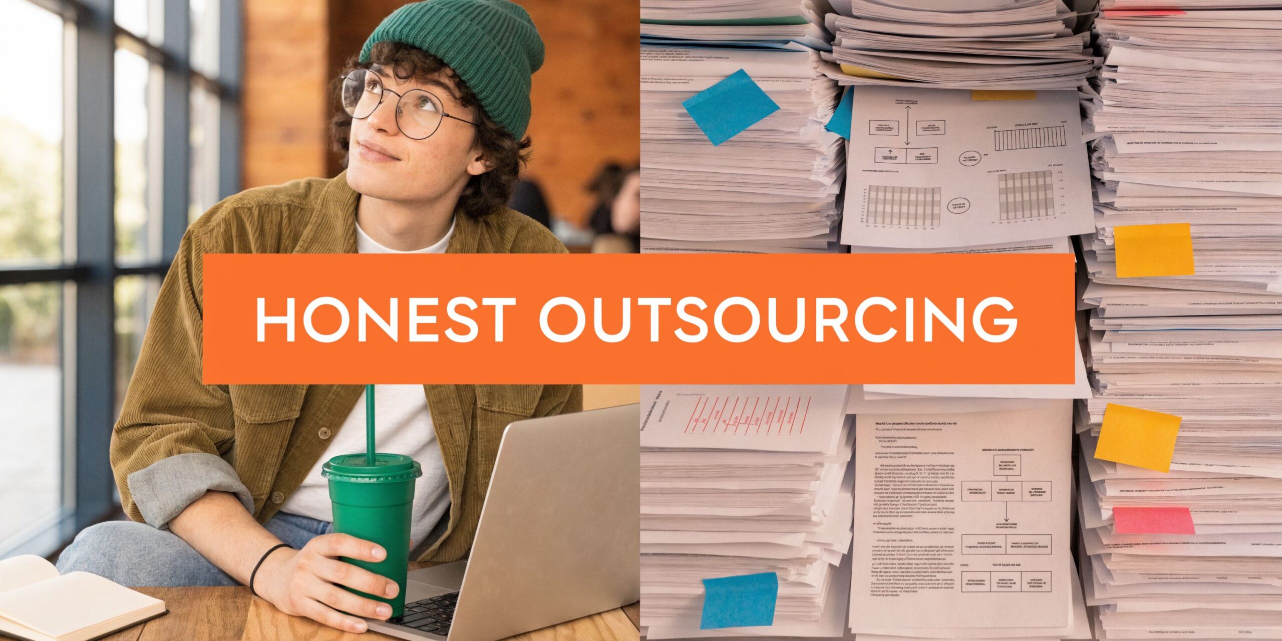 A young person wearing a beanie and glasses works on a laptop next to piles of paperwork.