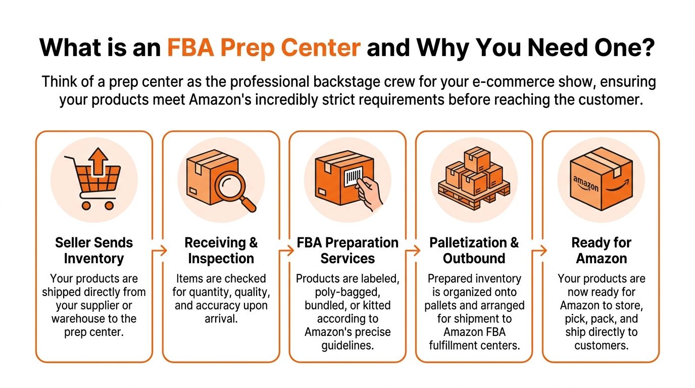 An infographic showing the five steps of the FBA prep center workflow for Amazon e-commerce sellers.