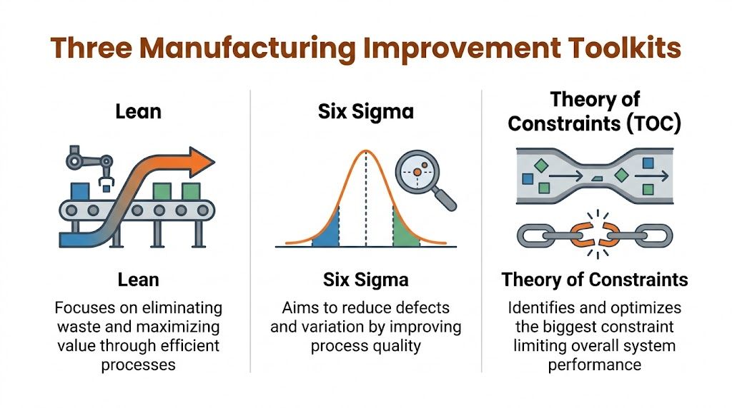 A diagram illustrating three manufacturing improvement toolkits: Lean, Six Sigma, and the Theory of Constraints.