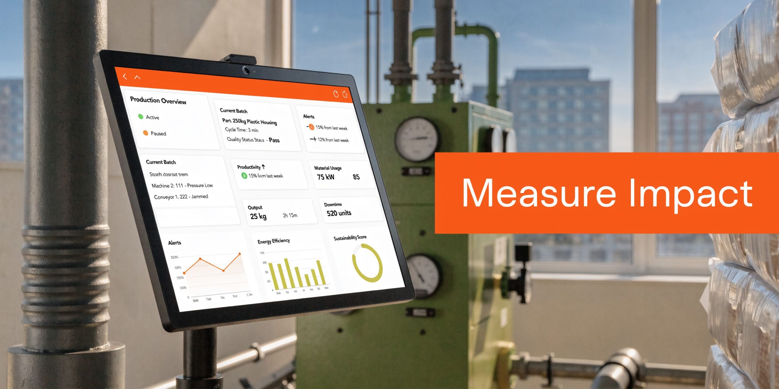 A digital tablet displaying manufacturing production metrics mounted in a factory setting with industrial equipment in background.