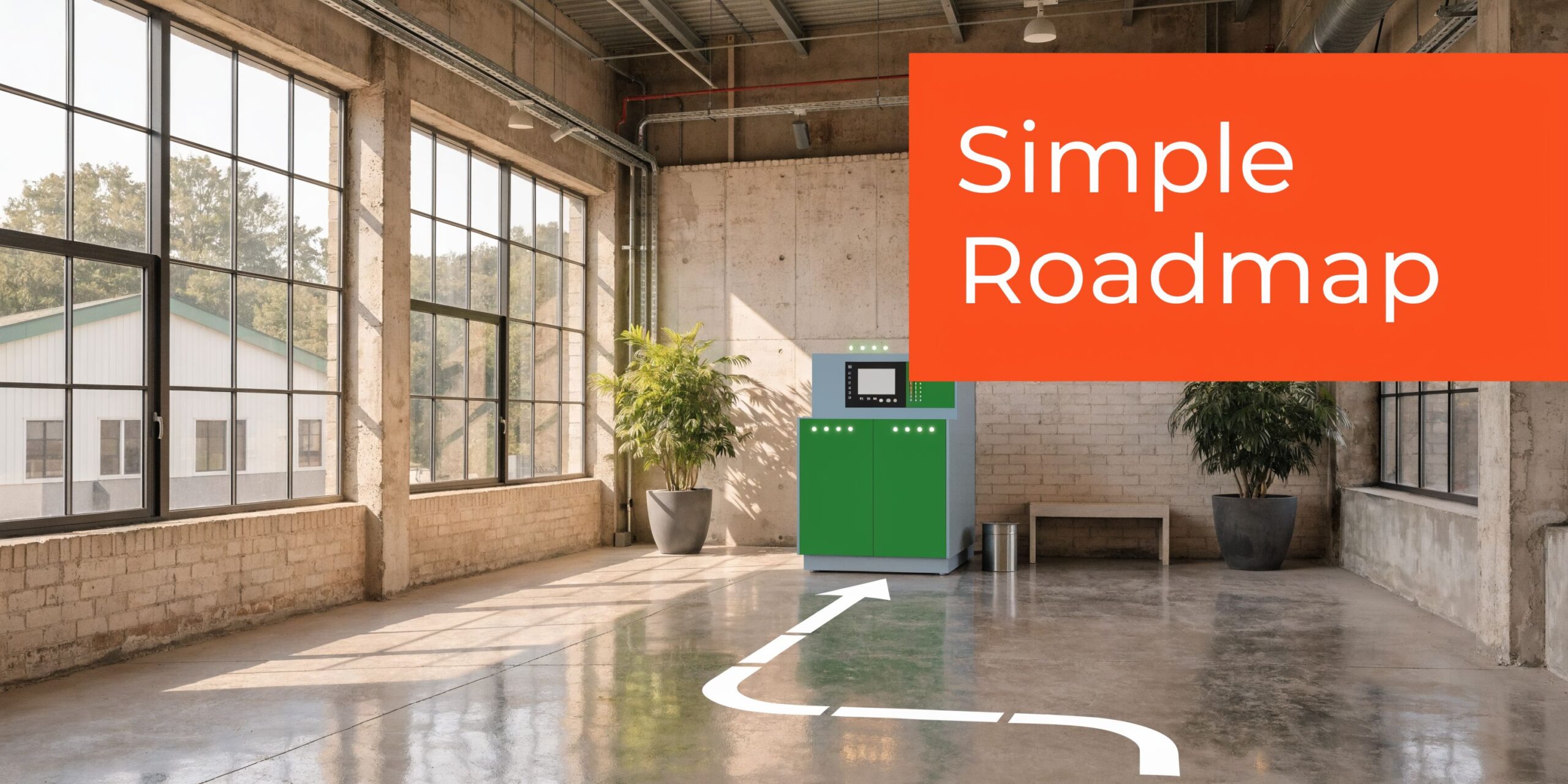 A modern industrial warehouse interior featuring a green control unit and an arrow pointing the path.