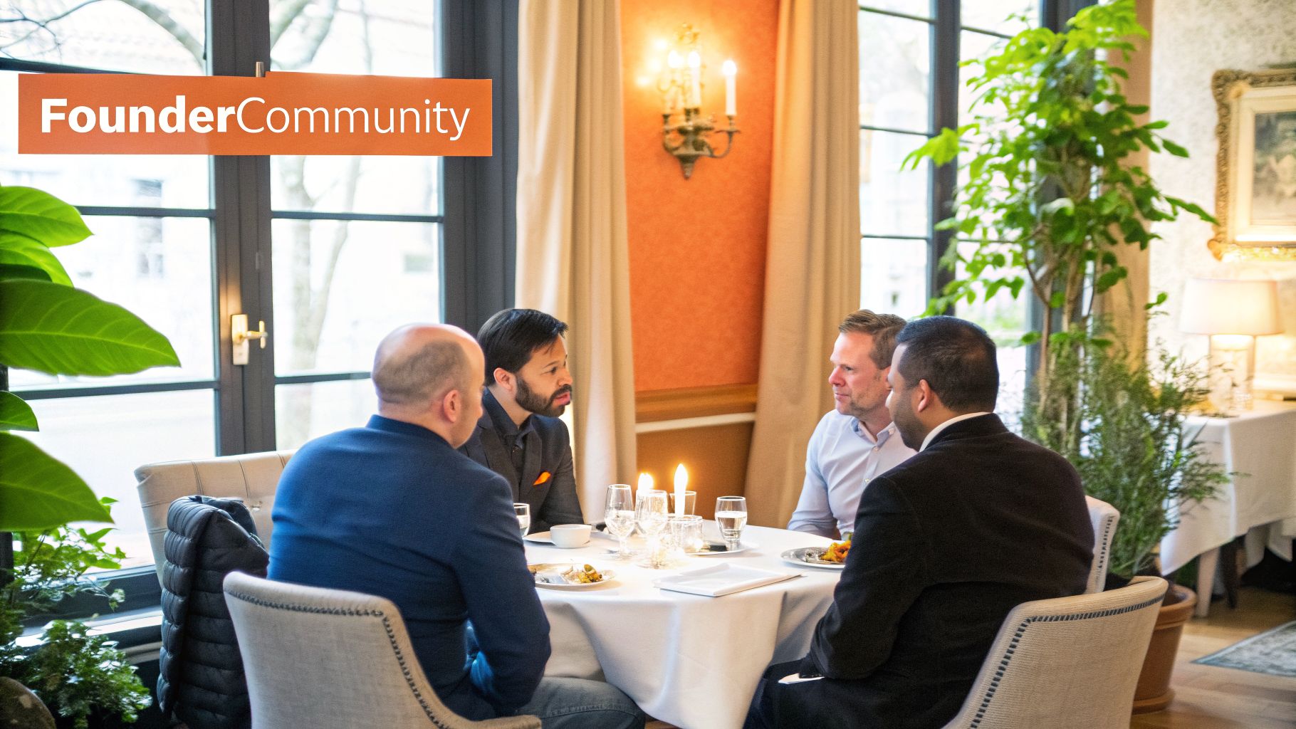 Four professionals from FounderCommunity engaged in discussion around a candlelit table in a restaurant.
