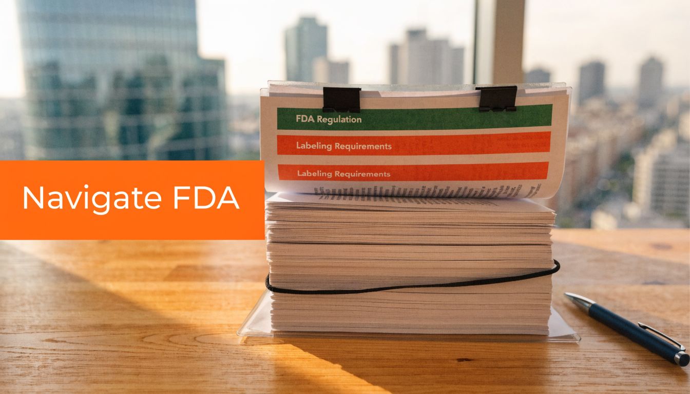 A stack of paperwork labeled FDA Regulation and Labeling Requirements sits on a desk near a window.
